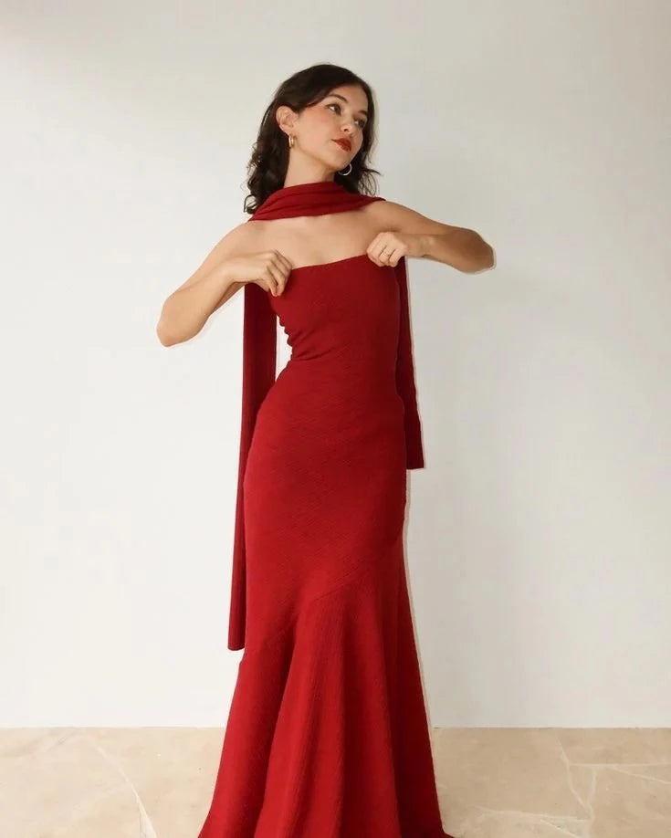 Glamorous Mermaid One-Shoulder Sleeveless Scarf-Detail Floor-Length Evening Dress