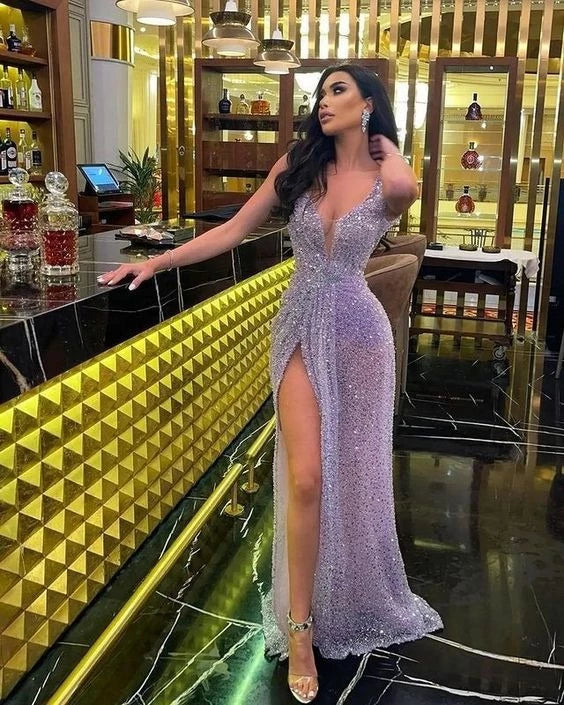 Glamorous Mermaid Plunge Neck Sleeveless Open Back High Slit Floor Length Evening Dress