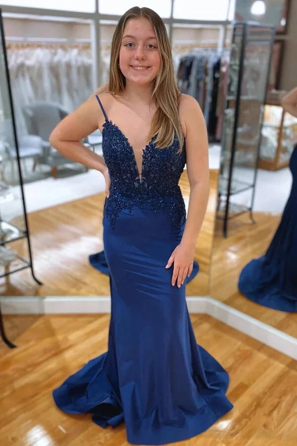 Glamorous Mermaid Plunge Neck Spaghetti-Strap Lace-Up Back Beaded Satin Train Evening Dress