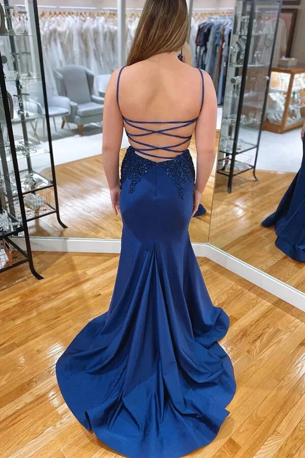Glamorous Mermaid Plunge Neck Spaghetti-Strap Lace-Up Back Beaded Satin Train Evening Dress