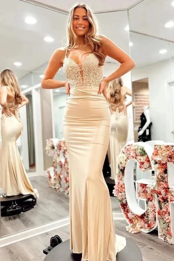 Glamorous Mermaid Plunge Neck Spaghetti-Strap Lace-Up Back Ruched Floral Lace Satin Train Evening Dress