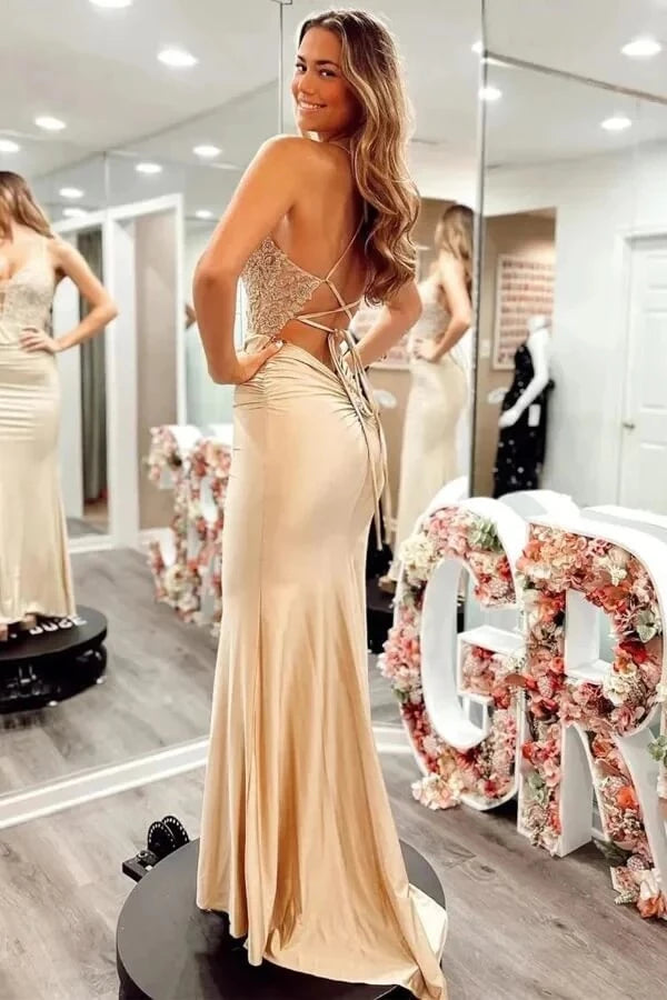 Glamorous Mermaid Plunge Neck Spaghetti-Strap Lace-Up Back Ruched Floral Lace Satin Train Evening Dress