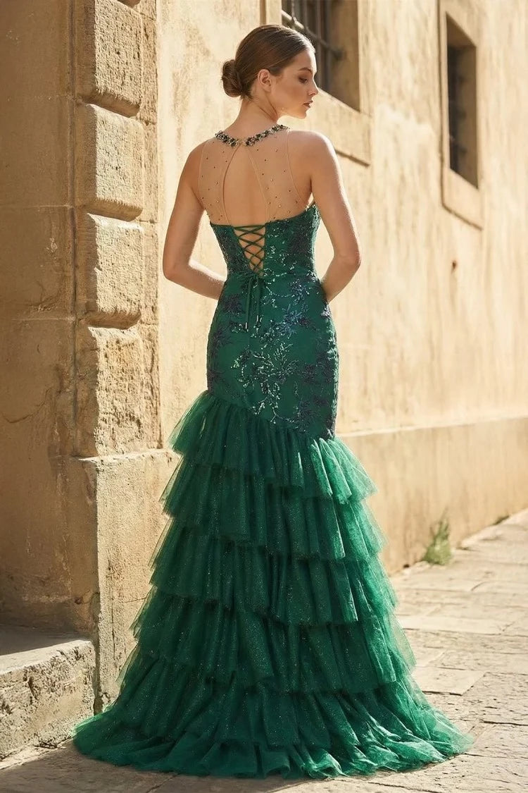 Glamorous Mermaid Sheer-Halter Sleeveless Lace-Up-Back Ruffled-Hem Floor-Length Prom Dress