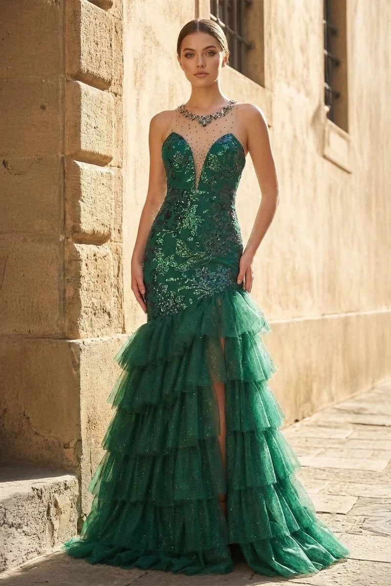 Glamorous Mermaid Sheer-Halter Sleeveless Lace-Up-Back Ruffled-Hem Floor-Length Prom Dress