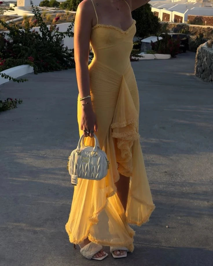 Glamorous Mermaid Spaghetti-Strap Ruffled Trim Maxi Evening Dress