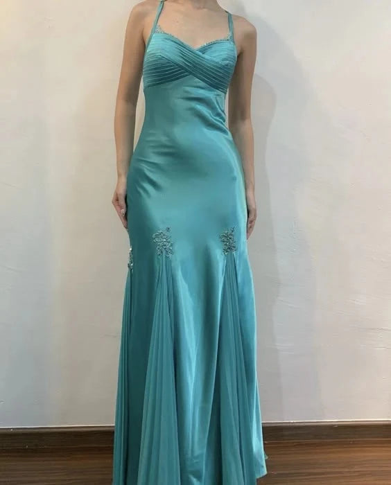 Glamorous Mermaid Spaghetti-Strap Sleeveless Beaded Floor-Length Evening Dress