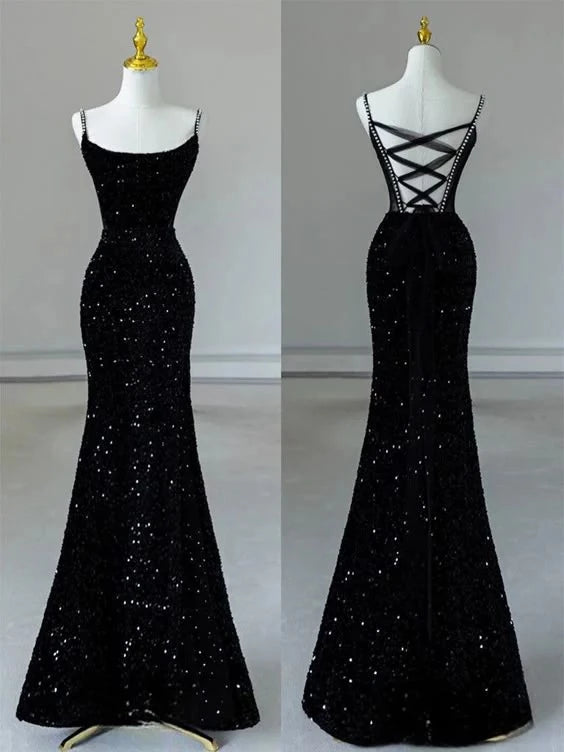 Glamorous Mermaid Spaghetti-Strap Sleeveless Lace-Up-Back Sequin Floor-Length Evening Dress
