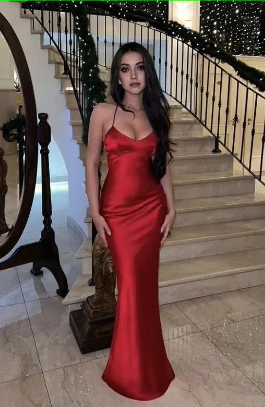 Glamorous Mermaid Spaghetti-Strap Sleeveless Open-Back Floor-Length Evening Dress