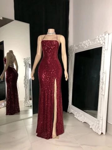Glamorous Mermaid Square Neck Spaghetti Strap Open Back High Slit Floor Length Evening Dress