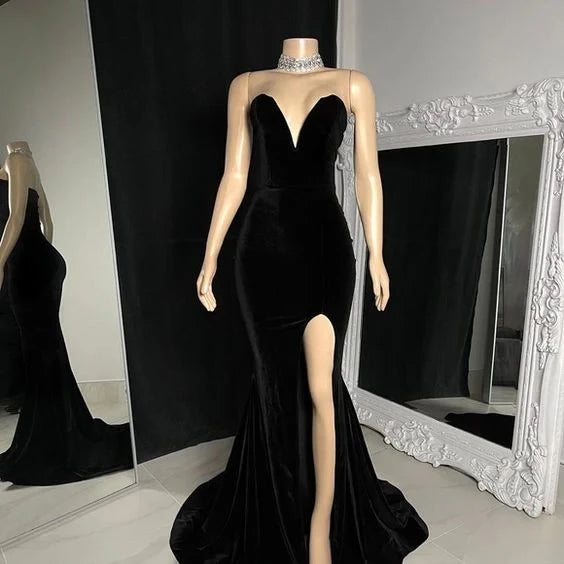 Glamorous Mermaid Strapless Deep V Sleeveless Open Back High Slit Floor Length Prom Dress