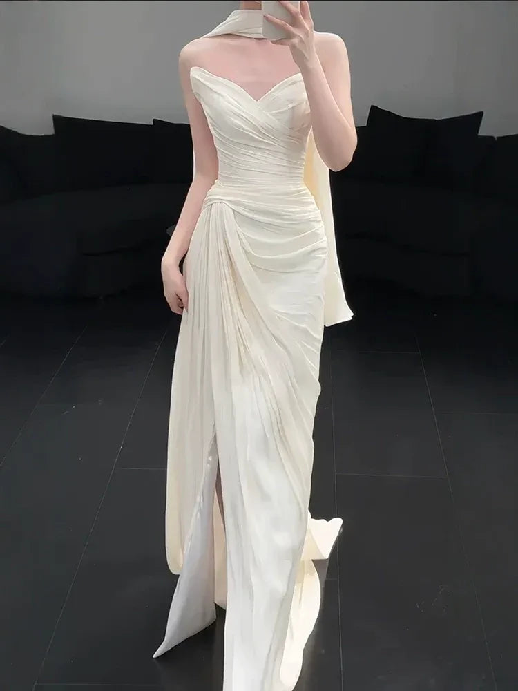Glamorous Mermaid Strapless Draped High Slit Satin Maxi Evening Dress