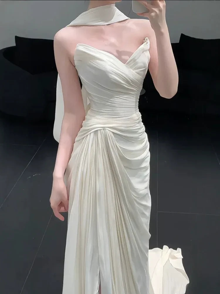 Glamorous Mermaid Strapless Draped High Slit Satin Maxi Evening Dress