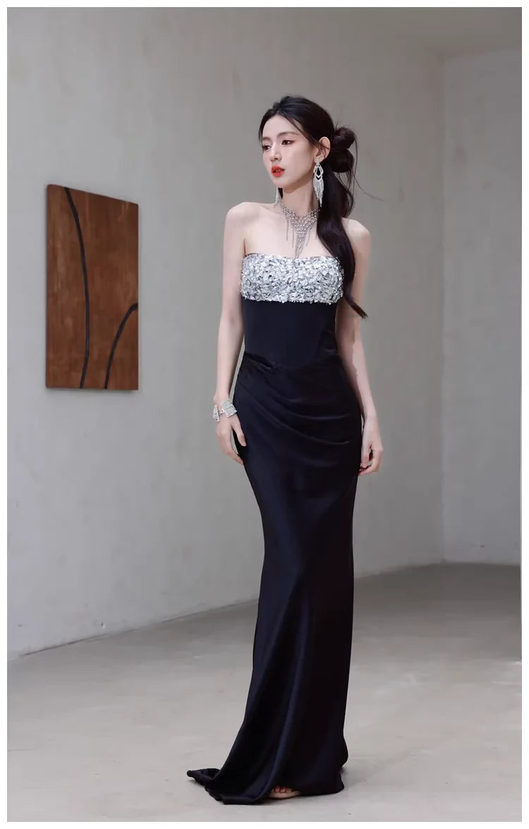 Glamorous Mermaid Strapless Open Back Beaded Ruched Satin Evening Dress