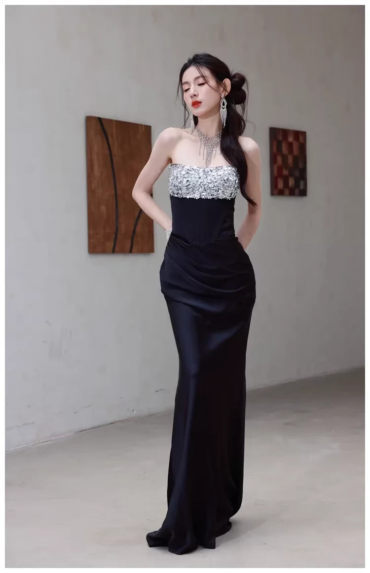 Glamorous Mermaid Strapless Open Back Beaded Ruched Satin Evening Dress
