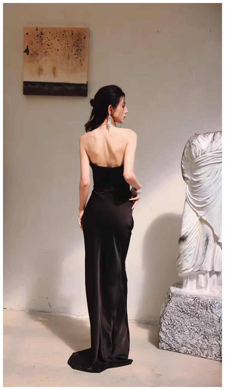 Glamorous Mermaid Strapless Open Back Beaded Ruched Satin Evening Dress