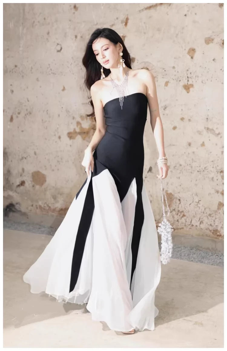 Glamorous Mermaid Strapless Open Back Color-Block Chiffon Evening Dress
