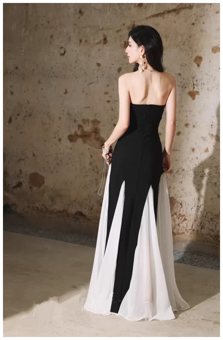 Glamorous Mermaid Strapless Open Back Color-Block Chiffon Evening Dress