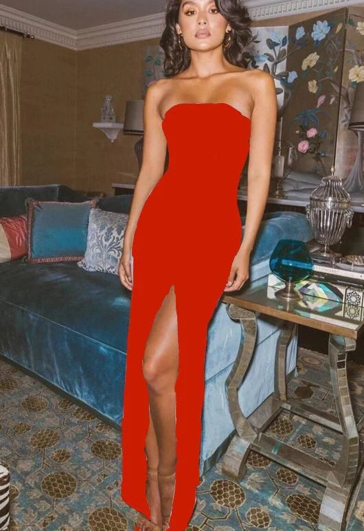 Glamorous Mermaid Strapless Open Back High-Slit Satin Evening Dress