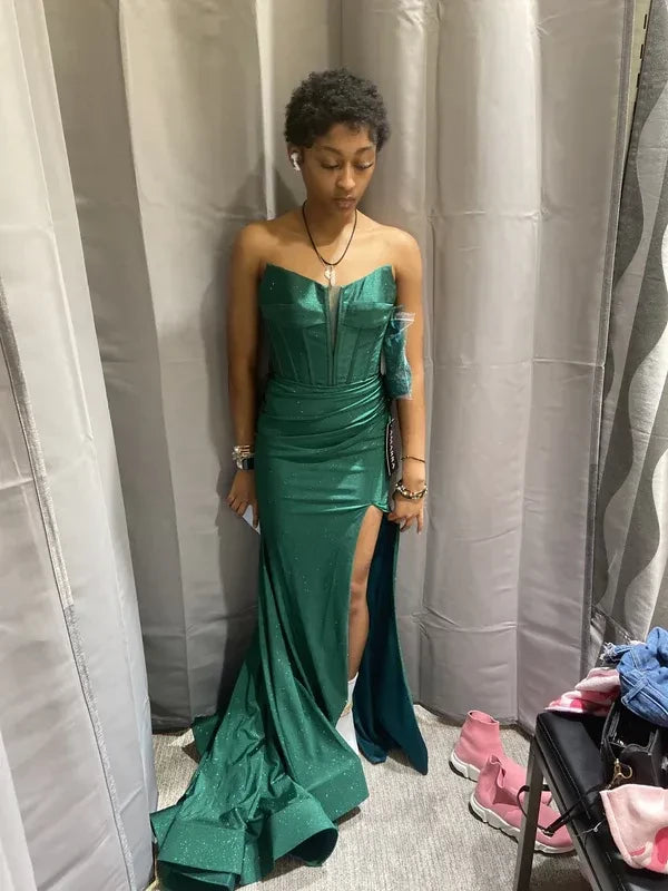 Glamorous Mermaid Strapless Plunge-Neck Lace-Up-Back Glitter-Satin Slit-Detail Trained-Hem Floor-Length Prom Dress