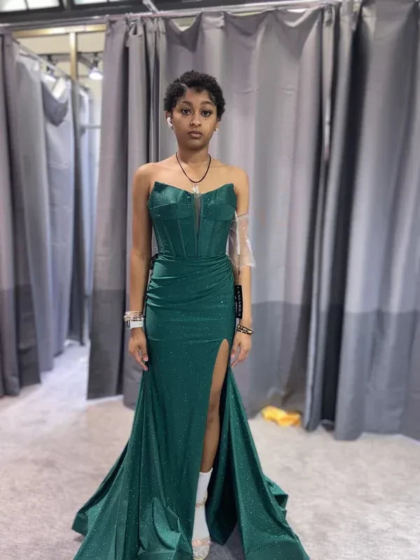 Glamorous Mermaid Strapless Plunge-Neck Lace-Up-Back Glitter-Satin Slit-Detail Trained-Hem Floor-Length Prom Dress