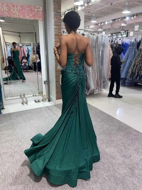 Glamorous Mermaid Strapless Plunge-Neck Lace-Up-Back Glitter-Satin Slit-Detail Trained-Hem Floor-Length Prom Dress