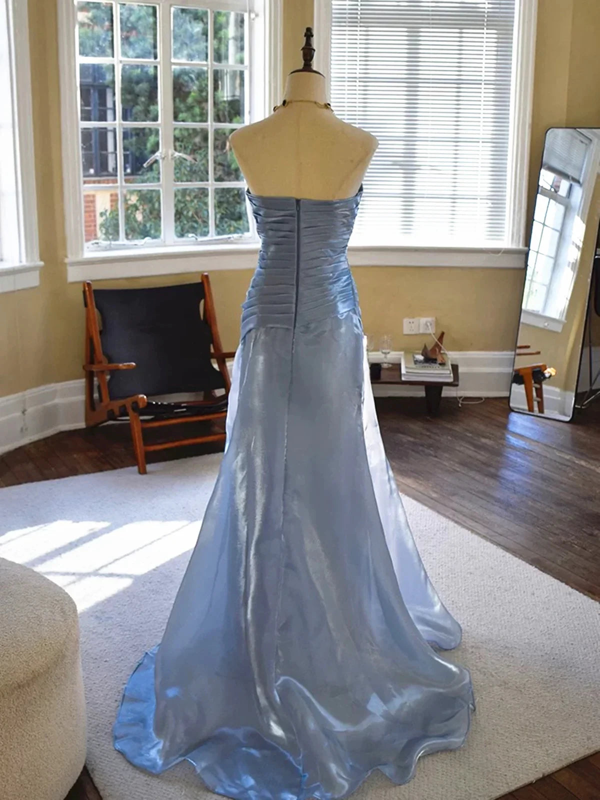 Glamorous Mermaid Strapless Sleeveless Open Back Ruched Satin Evening Dress