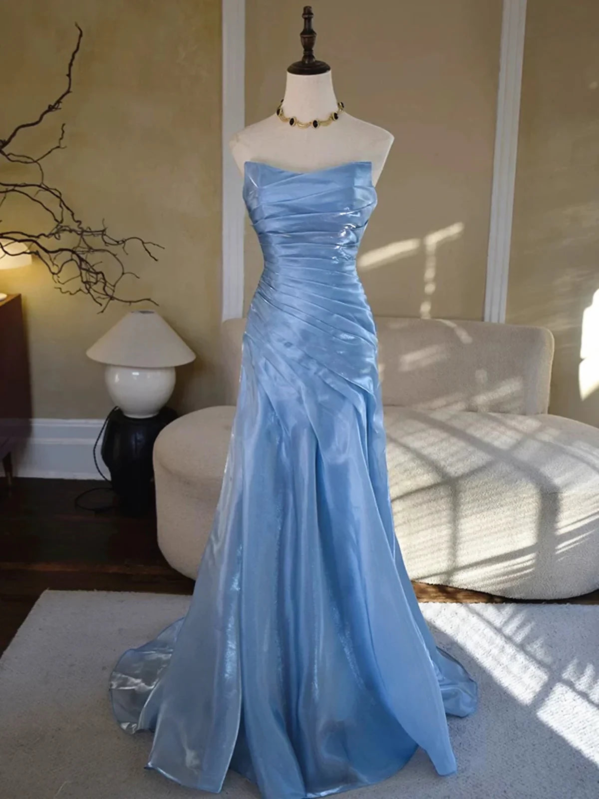 Glamorous Mermaid Strapless Sleeveless Open Back Ruched Satin Evening Dress