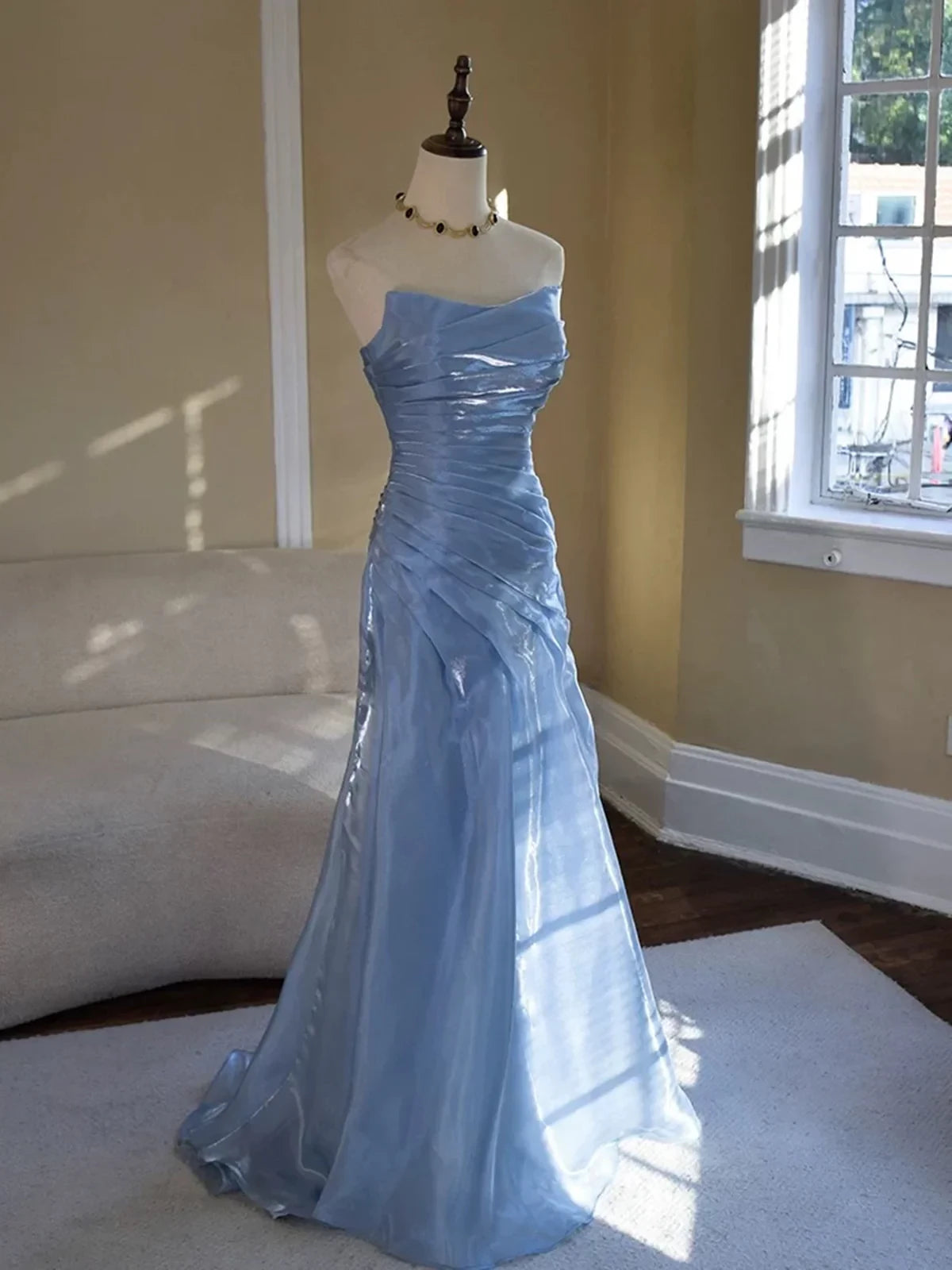 Glamorous Mermaid Strapless Sleeveless Open Back Ruched Satin Evening Dress
