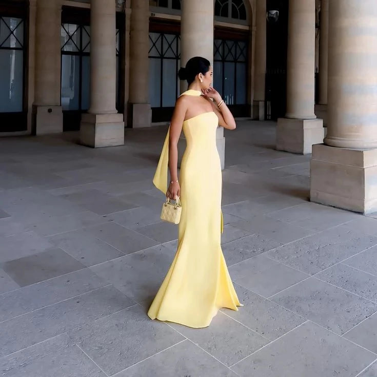 Glamorous Mermaid Strapless Sleeveless Scarf-Detail Floor-Length Evening Dress