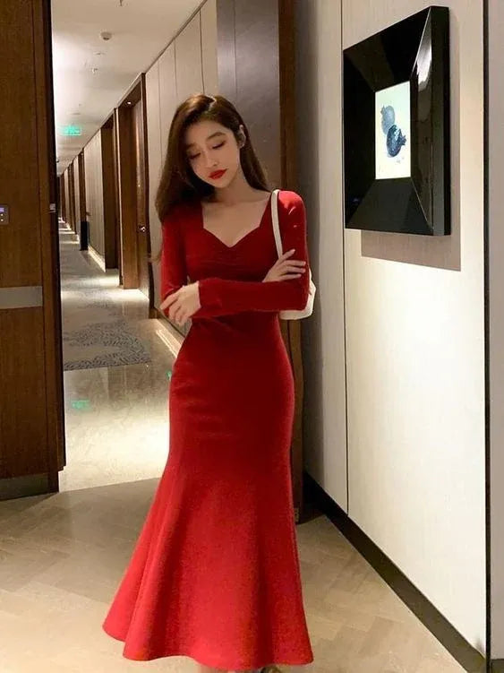 Glamorous Mermaid Sweetheart Long Sleeve Plain Back Floor Length Formal Evening Dress