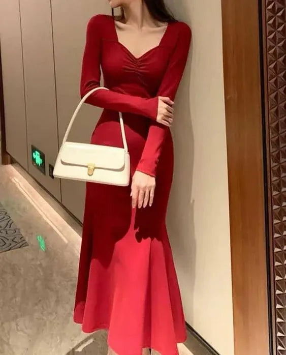 Glamorous Mermaid Sweetheart Long Sleeve Plain Back Floor Length Formal Evening Dress