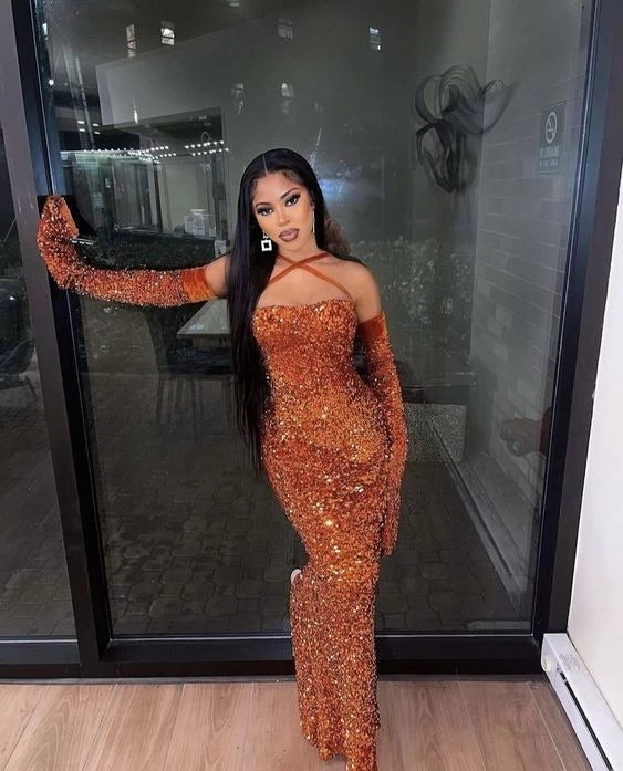 Glamorous Mermaid Sweetheart Neck Halter Sleeve Open Back Floor Length Evening Dress