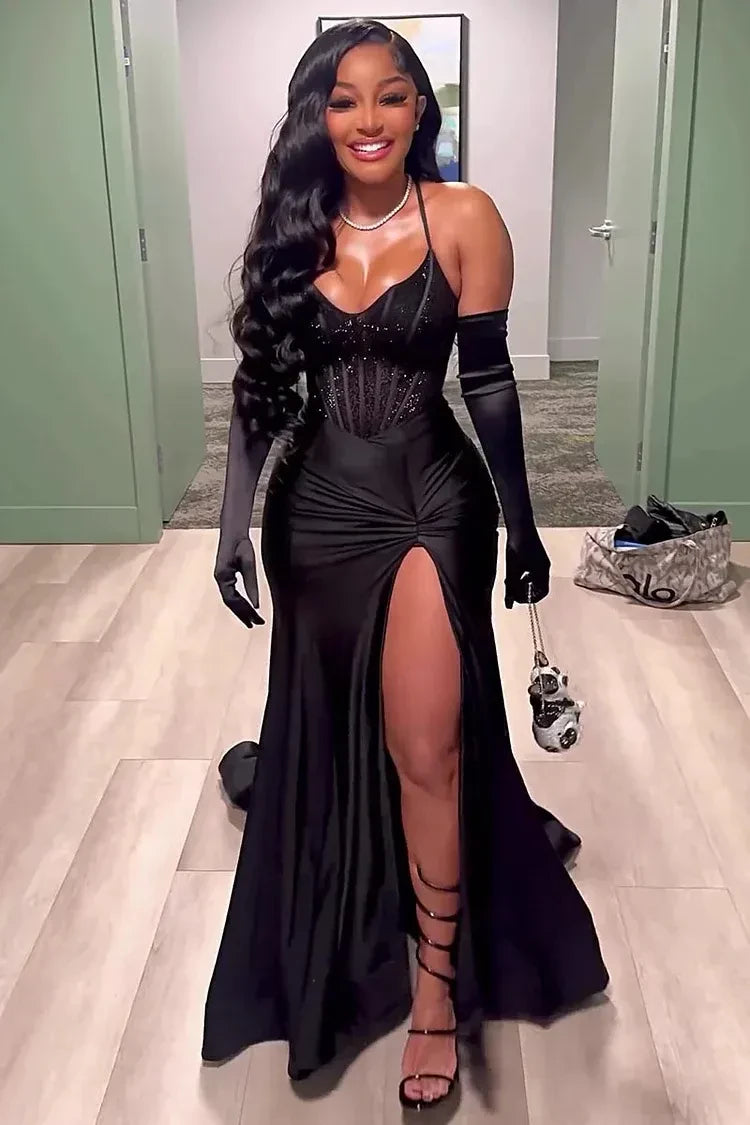 Glamorous Mermaid Sweetheart Neck Halter-Strap Lace-Up Back Satin Train Evening Dress