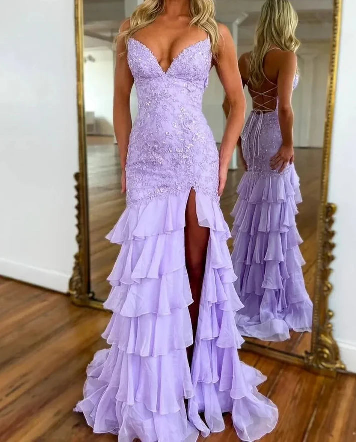 Glamorous Mermaid Sweetheart Neck Sleeveless Lace-Up Back Beaded Ruffled Tulle Evening Dress