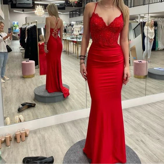 Glamorous Mermaid Sweetheart Neck Spaghetti-Strap Lace-Up Back Beaded Floor-Length Evening Dress