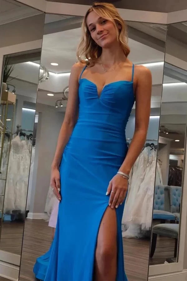 Glamorous Mermaid Sweetheart Neck Spaghetti-Strap Lace-Up Back Jersey High-Slit Prom Dress