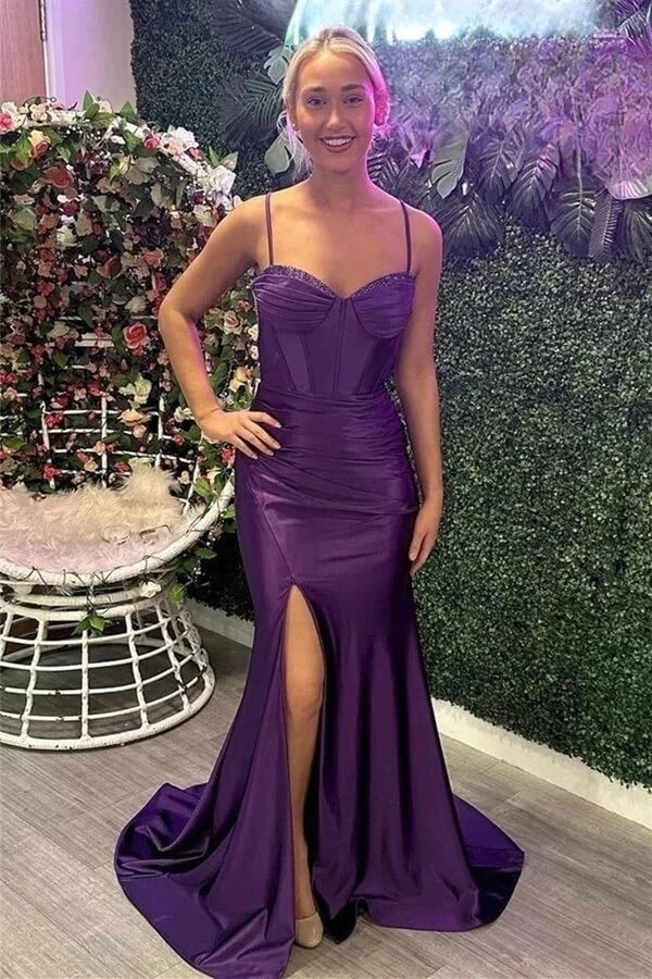 Glamorous Mermaid Sweetheart Neck Spaghetti-Strap Lace-Up Back Ruched High-Slit Satin Train Evening Dress