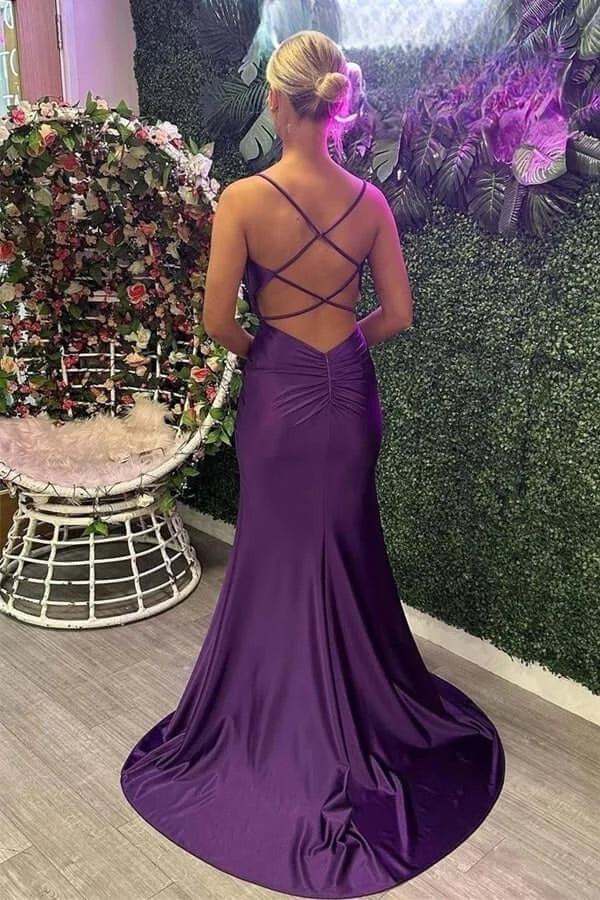 Glamorous Mermaid Sweetheart Neck Spaghetti-Strap Lace-Up Back Ruched High-Slit Satin Train Evening Dress
