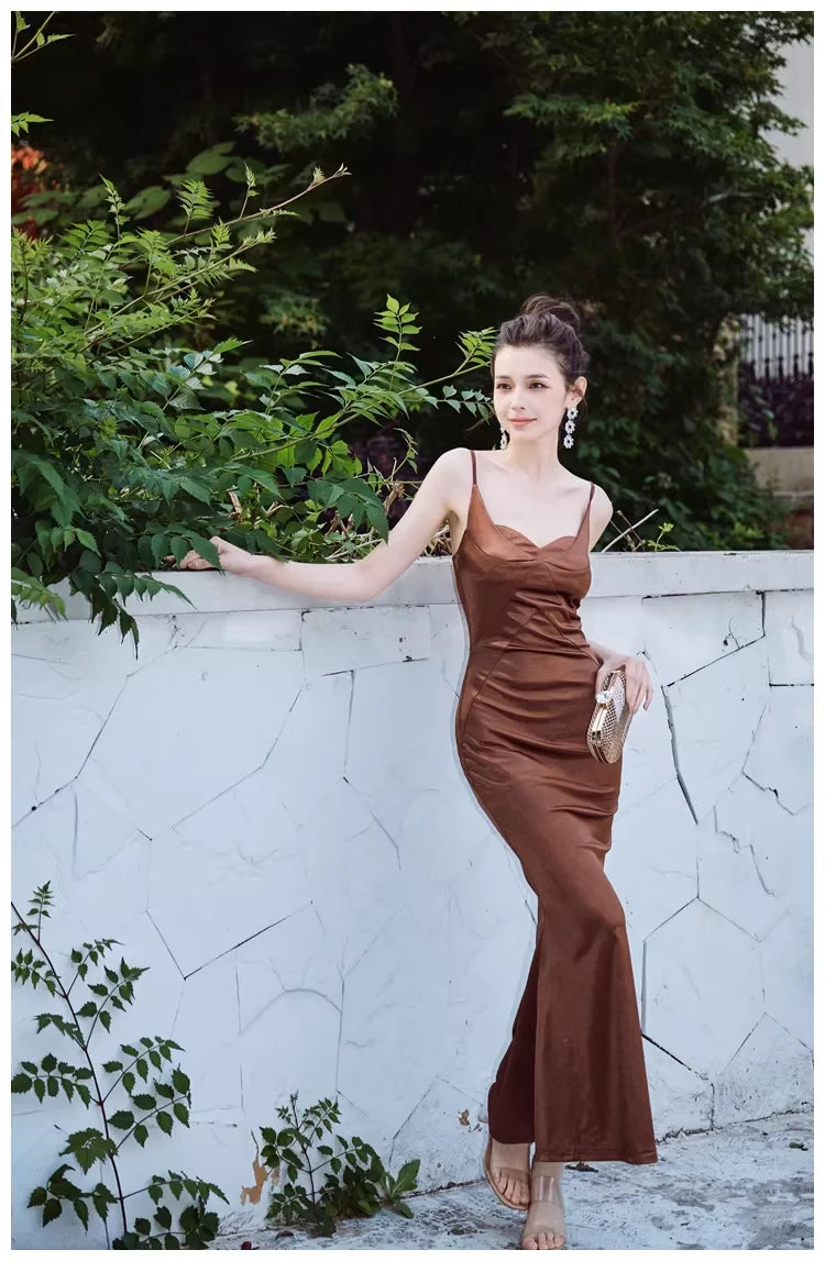 Glamorous Mermaid Sweetheart Neck Spaghetti-Strap Open Back Ruched Satin Evening Dress