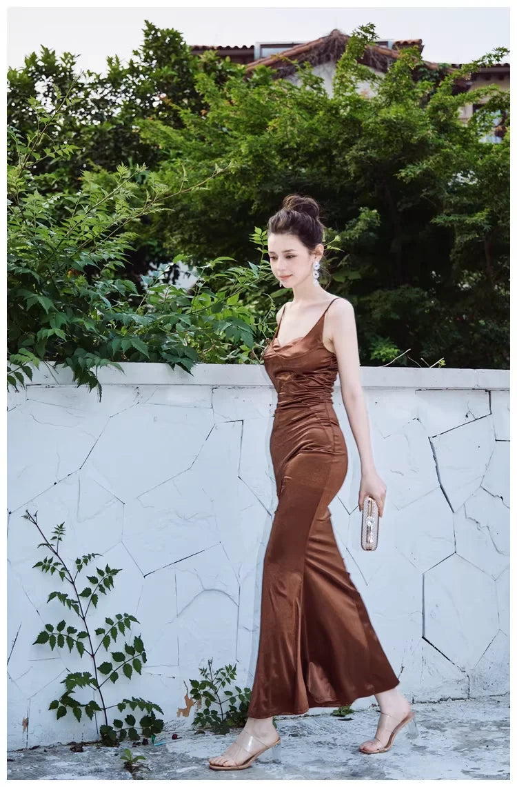 Glamorous Mermaid Sweetheart Neck Spaghetti-Strap Open Back Ruched Satin Evening Dress