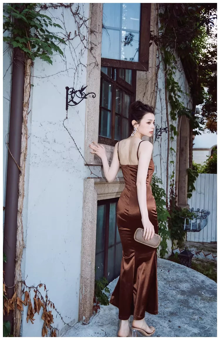 Glamorous Mermaid Sweetheart Neck Spaghetti-Strap Open Back Ruched Satin Evening Dress