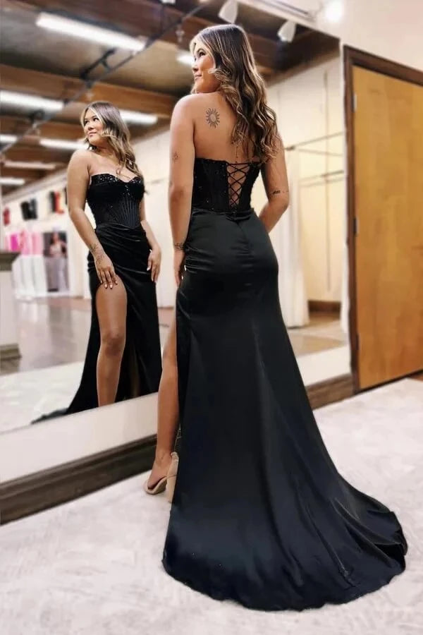 Glamorous Mermaid Sweetheart Neck Strapless Lace-Up Back Ruched High-Slit Satin Train Prom Dress