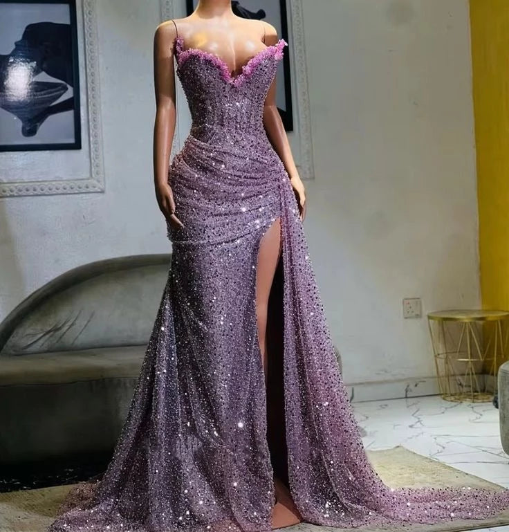Glamorous Mermaid Sweetheart Neck Strapless Open Back High-Slit Train-Length Evening Dress