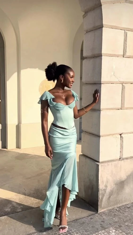 Glamorous Mermaid Sweetheart Ruffle-Shoulder High-Slit Maxi-Length Evening Dress