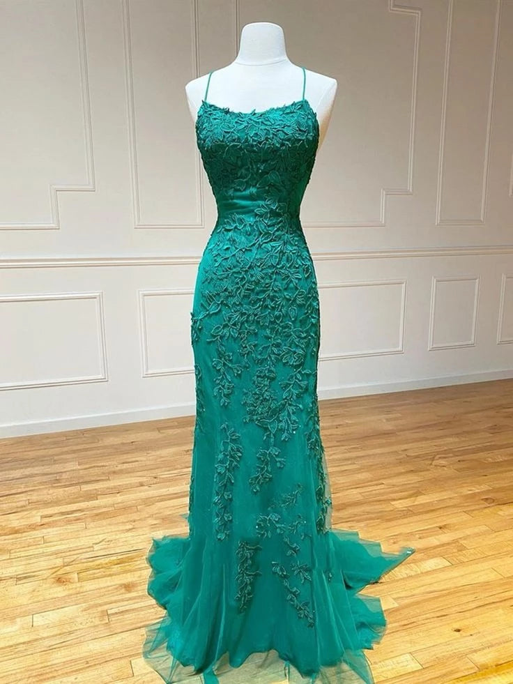 Glamorous Mermaid Sweetheart Spaghetti-Strap Lace-Up-Back Lace-Appliqué Floor-Length Prom Dress