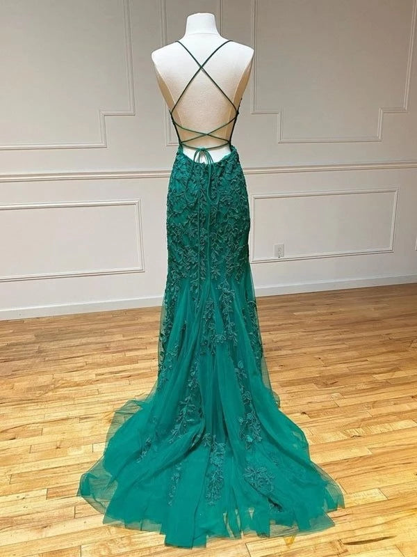 Glamorous Mermaid Sweetheart Spaghetti-Strap Lace-Up-Back Lace-Appliqué Floor-Length Prom Dress
