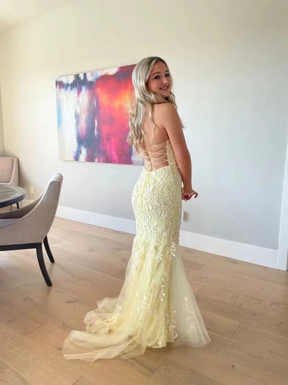 Glamorous Mermaid Sweetheart Spaghetti-Strap Lace-Up-Back Train-Floor-Length Evening Dress