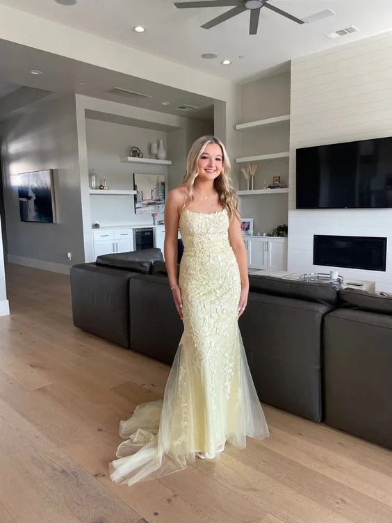 Glamorous Mermaid Sweetheart Spaghetti-Strap Lace-Up-Back Train-Floor-Length Evening Dress
