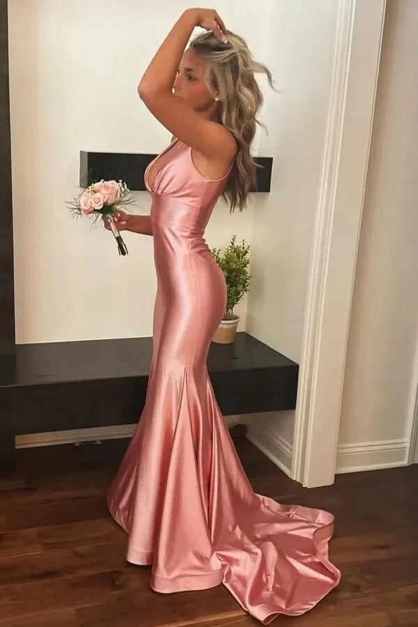 Glamorous Mermaid V-Neck Sleeveless Open Back Satin Train Prom Dress