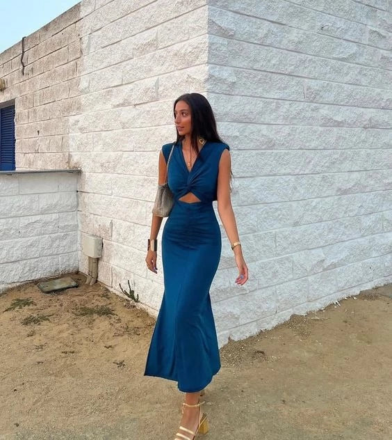 Glamorous Mermaid V-Neck Sleeveless Zipper-Back Twist-Knot Cutout Ruched-Waist Ankle-Length Prom Dress